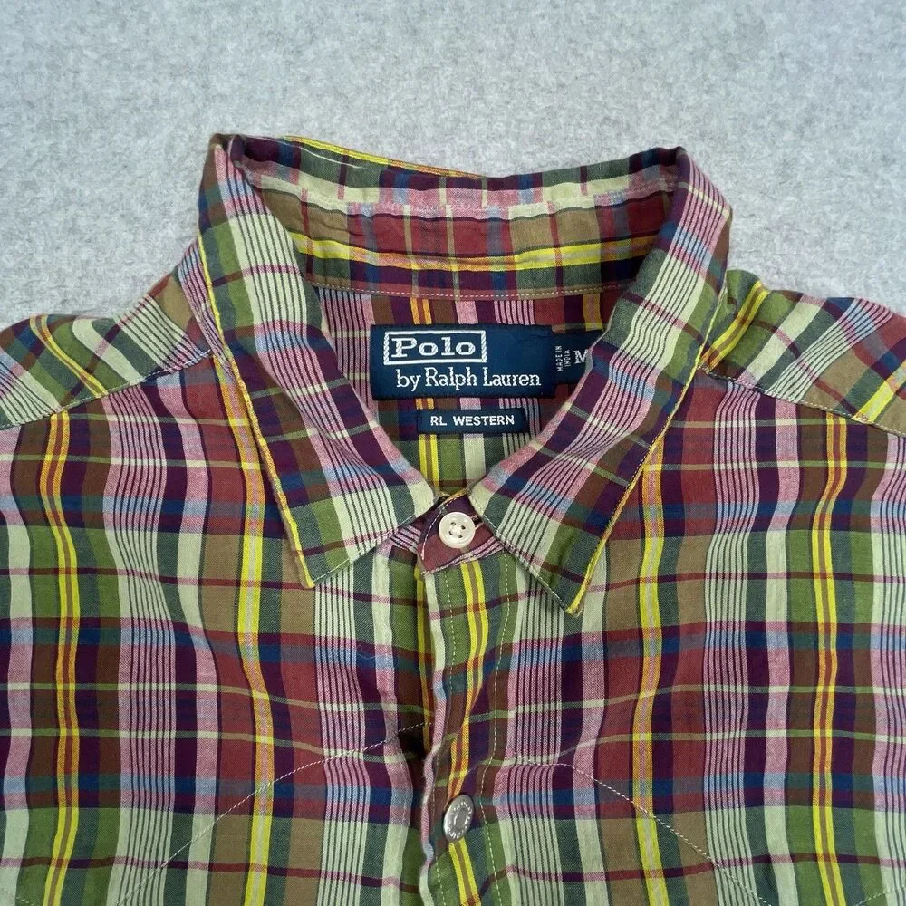 Vintage Polo Ralph Lauren RL Western Shirt Mens Medium M Plaid Metal Snap Cowboy